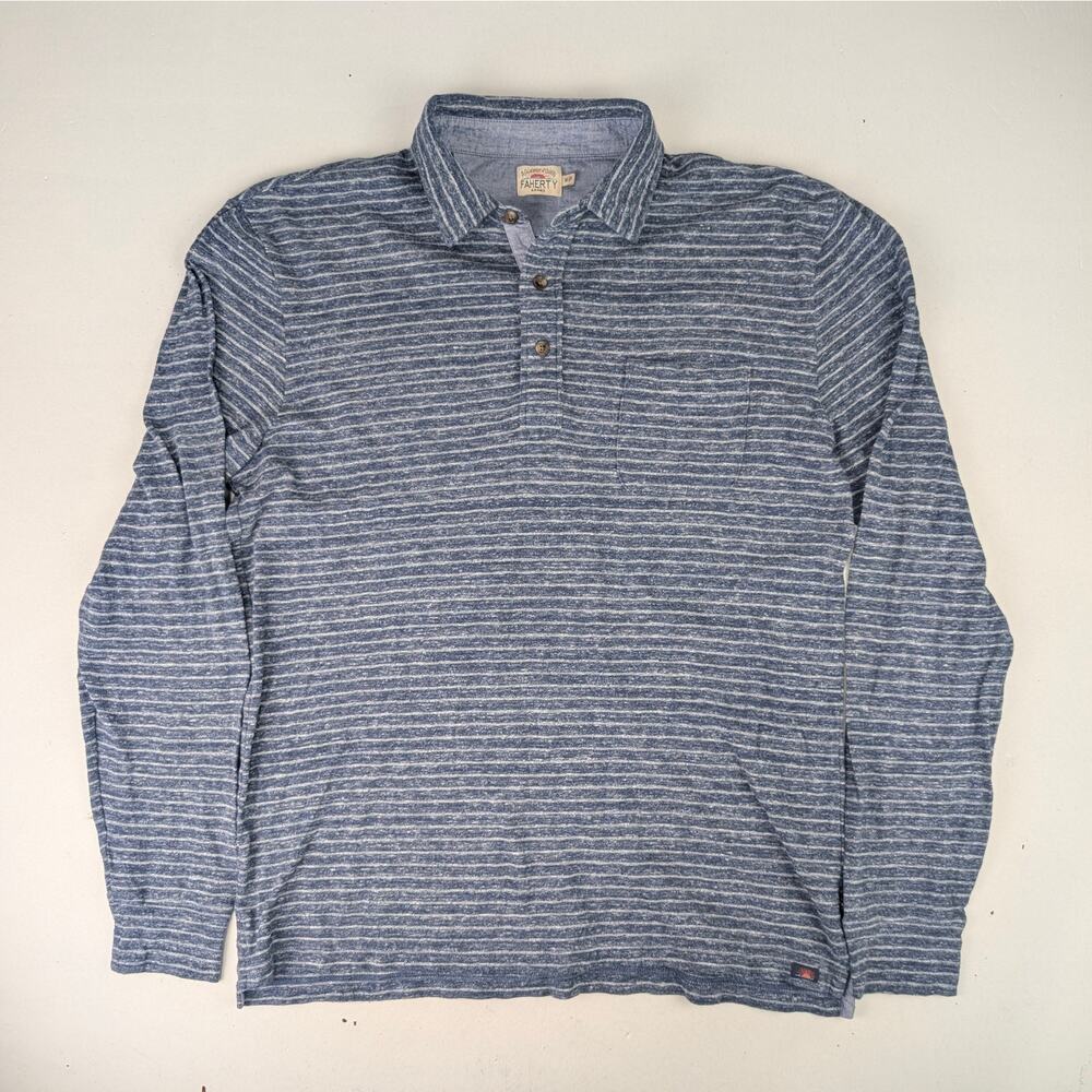 Faherty Men's Medium Indigo Blue Striped Long Sleeve Polo Shirt